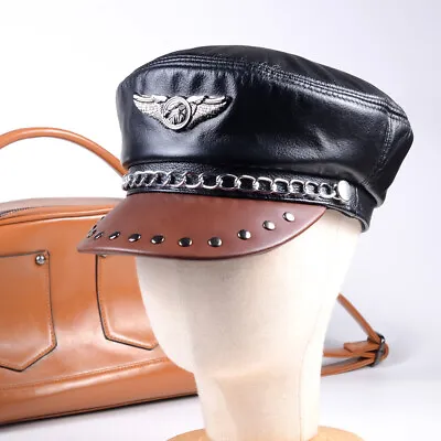 Women's Men's Real Leather Military Service Cap Punk Beret Army Navy Caps/Hats • $25.80