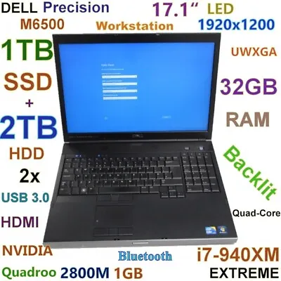 Workstation 17  DELL M6500 I7-EXTREME (1TB SSD + 2TB HDD DVDRW) 32GB Backlit BT • $607.09