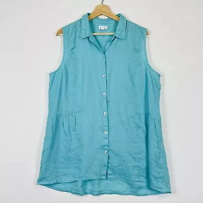 J. Jill Love Linen Aqua Blue Sleeveless Gathered Blouse Shirt Top Womens Large • $22.99