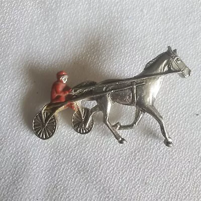 VINTAGE Brooch Pin Horse Race Sulky Carriage Jockey Painted Silver Tone 2  • $13.23