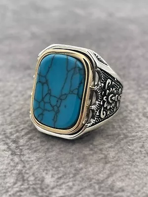 Men Natural Turquoise Gemstone 925 Sterling Silver Ring Authentic Vintage Motif • $59.50