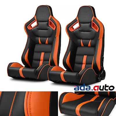 Universal PVC Leather Reclinable VIPER-Series Black-Orange Racing Seats Pair • $343.38