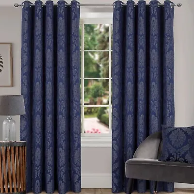 Luxury Pippa Damask Lined Eyelet Curtains (Pair Of) - 65x54  Navy • £13.50