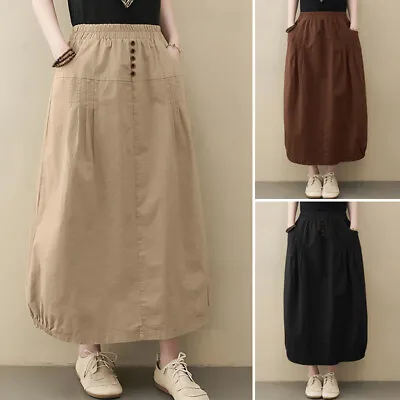 ZANZEA Women Elastic Waist Long Cargo Skirts Casual Loose Solid Skirt Maxi Dress • $34.33