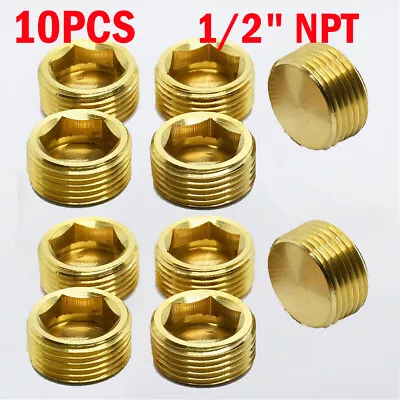 10 Brass 1/2  Hex Pipe Plugs Countersunk Style Male NPT Pipe End Fitting Cap USA • $14.49