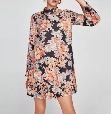 Zara Women Floral Black Orange Long Sleeve Mini Dress Size M • $26.79