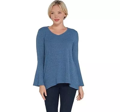 H By Halston Dusk Blue Rib Knit V-neck Bell Sleeve Top Tunic New • $16.95