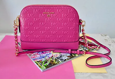 $228 MICHAEL KORS Jet Set Charm Dome Crossbody Bag Monogram Leather Trim Cerise • $197.30