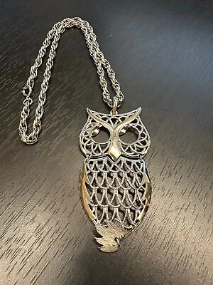 Vintage Silver Tone Owl Pendant Necklace 20  • $7