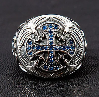 Medieval Blue Sapphire Cross 925 Sterling Silver Mens Ring Rocker Biker Gothic • $72