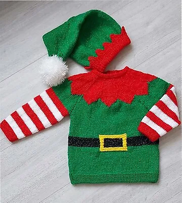 Knitting Pattern Elf Christmas Sweater Raglan Jumper & Hat Zig Zag Yoke 18 - 22  • £4