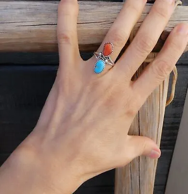 Native American Navajo Silver Coral Turquoise Ring Size 7 Vintage • $47.20
