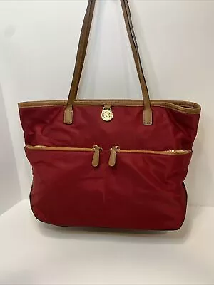 Michael Kors Kempton Red Nylon Brown Leather Trim Tote Handbag • $60