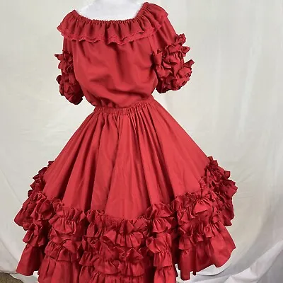 Square Dance Outfit Skirt Blouse Belt Red Ruffels  • $99