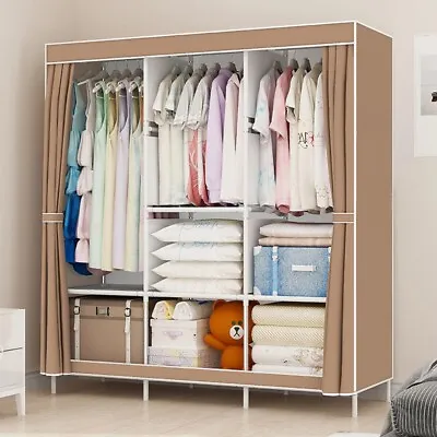 Fabric Canvas Wardrobe With Hanging Rail Shelving Clothes Storage Cupboard Cover • £23.98