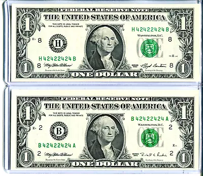 (2) $1 Federal Reserve Notes UNC Identical 2/4 BINARY RADAR BOOKEND #42422424 • $150