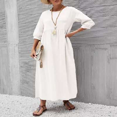 1/2 Sleeve Cotton Linen Sundress Womens Summer Loose Fit Dress Ladies Summer • £12.99