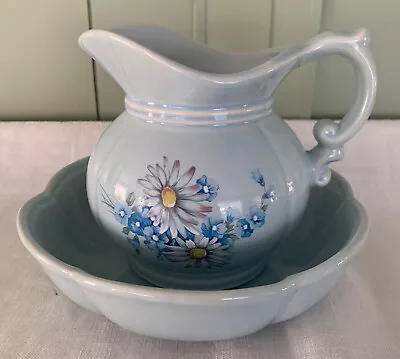 Vintage McCoy Baby Blue Pitcher And Bowl Daisy Marked # 7528 Made In USA • $22