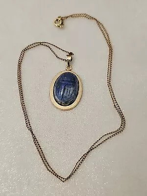 VTG EGYPTIAN Style BLUE CARVED SCARAB BEETLE GOLD Tone Pendant W NECKLACE GF • £6.83