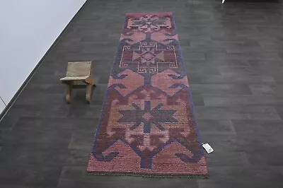 Vintage Turkish Runner Rug 3x10ft Wool Anatolian Handmade Hallway Oushak PINK • $260