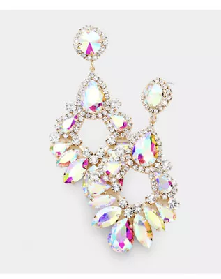 3.6” Big AB Dangle Aurora Borealis Crystal Gold Pageant Bridal Earrings Formal • $17.50