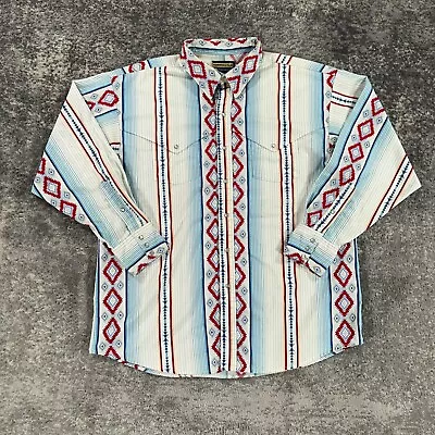 VTG Panhandle Slim Western Shirt Mens XL White Red Blue Aztec Pearl Snap USA 90s • $29.98