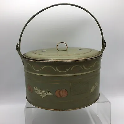 Toleware Painted Tin Bucket Pail Olive Green Lidded Handle Lg Primitive Folk Vtg • $32