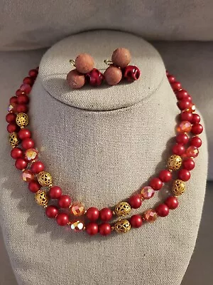 Vintage Married Set 1950s Red Beaded 2 Strand Necklace & Earrings • $15.99
