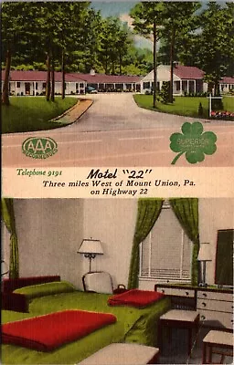 Linen Postcard Motel 22 Near Mount Union Pennsylvania~135755 • $6.50