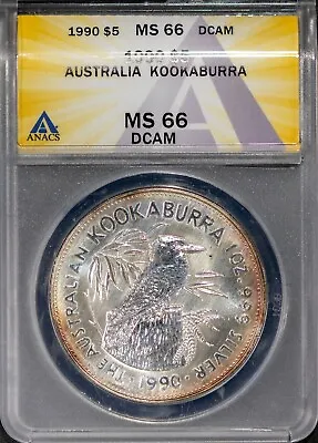 1990 $5 Silver Australia Kookaburra ANACS # 7693082 + Bonus • $69.95