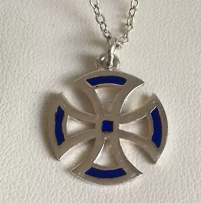 Vintage Sterling Silver Maltese Cross Pendant Blue Enamel Chain Small CMD Signed • £18