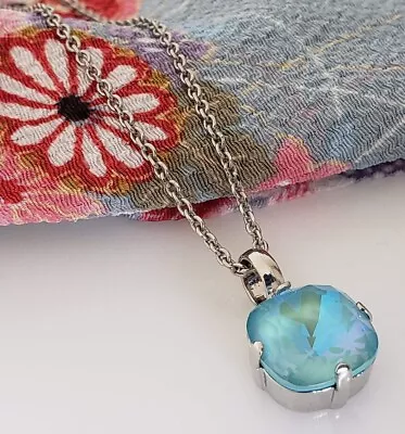 MARIANA Sun-Kissed AQUA BLUE 12mm Cushion Crystal Pendant Rhodium Pltd Necklace • $39.70