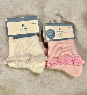 NWT Baby Gap Girl's Ruffle Cotton Lace Trim Socks Set White Pink 4 5 Yrs. • £4.02