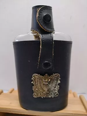 Vintage 50's? Steerhide Flask GERMANY? Pewter Badge Japan Glass Bottle • $22.89