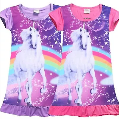 Kids Girl's Unicorn Top T-shirt Dress Nightwear Nightdress Pyjamas Nightie Dress • £6.49