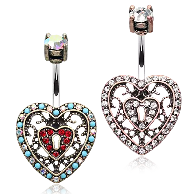 Vintage Boho Filigree Heart Lock Belly Ring Piercing AB Clear Red Fuchsia Copper • $13.99