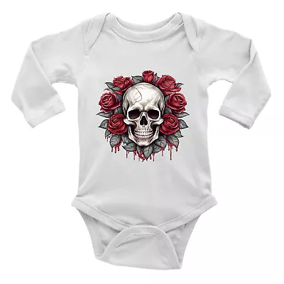 Skull Roses Baby Grow Vest Bodysuit Gothic Emo Biker Rock Head Boy Girl Gift L/S • £5.99