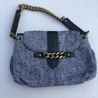 NWOT J Crew Blue Herringbone Cloth Small Handbag Purse Brass Hardware • $17.99