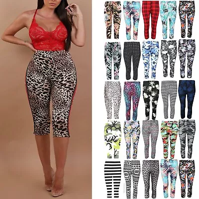 Women Printed 3/4 Length Leggings Ladies Stretchy Waist Skinny Pants Size 8-22 • £4.95