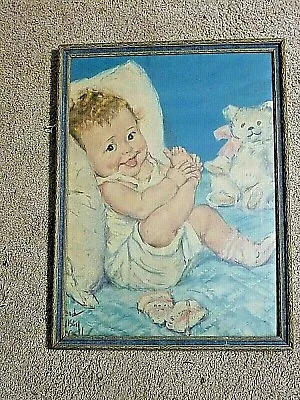 Framed LITHOGRAPH  By MAUD TOUSEY FANGEL  BABY With TEDDY BEAR RARE  1940'S (A2) • $15