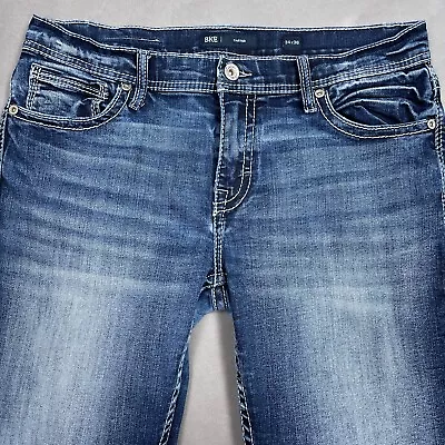 BKE Jeans Mens 34x36 Blue Carter Buckle Washed Out Faded Denim Pant Heavy Stitch • $37.95