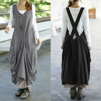 $21.93 • Buy ZANZEA 8-24 Women Summer Long Maxi Sundress Strappy Pinafores Bib Overalls Dress