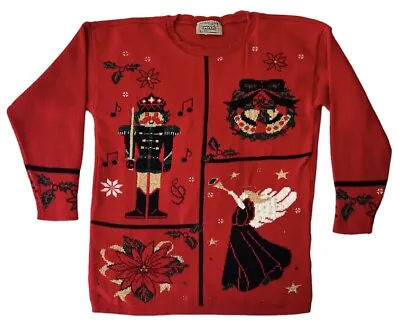 Vintage Sasson Ugly Christmas Sweater Red Nutcracker Angel Size Large • £24.32