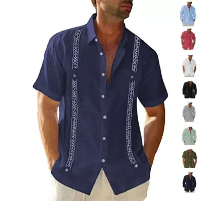 Men's Guayabera Cuban Beach Wedding Button-Up Casual Short Sleeve Dress Shirt • $17.57