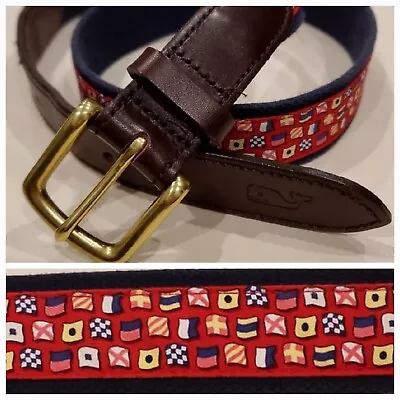 Vineyard Vines Nautical Flags Canvas/Leather Mens Belt Size 34 Red Navy Preppy • $24.98