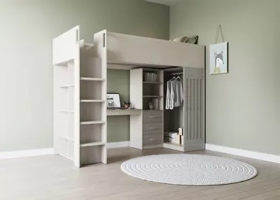 Single Kids High Sleeper Bed Jupiter White/grey - Includes Wardrobe Drawers • £469.99