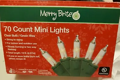 $7.99 • Buy MERRY BRITE 70 Count Mini Christmas Lights Clear Bulb On Green Wire 15' NEW