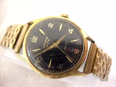 Vintage GOLD FD Large Antique Art Deco BENRUS BLACK DIAL AUTOMATIC Mens Watch • $19.99