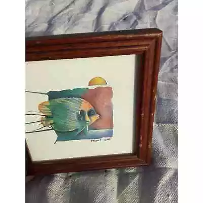 Vtg Framed Watercolor Picture Fish Beach 5” 88 Angelfish Blue Green P. Brent • $32