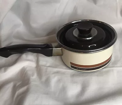 Vintage 1970s Moneta 14 Enamel Pot With Lid Beige & Brown Floral Made In Italy • $24.95